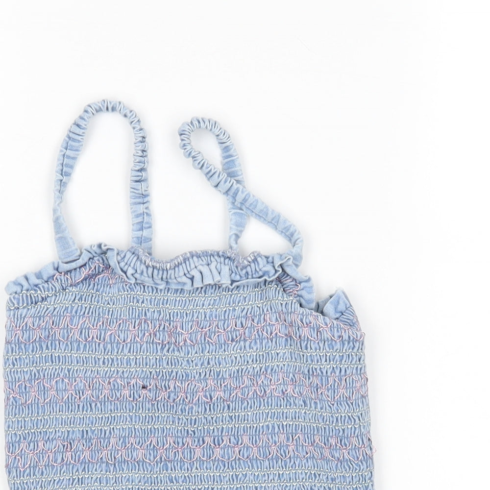M&S Girls Blue Striped Cotton Basic Tank Size 10-11 Years Square Neck