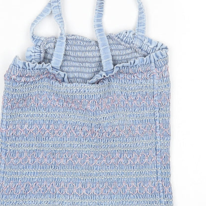 M&S Girls Blue Striped Cotton Basic Tank Size 10-11 Years Square Neck