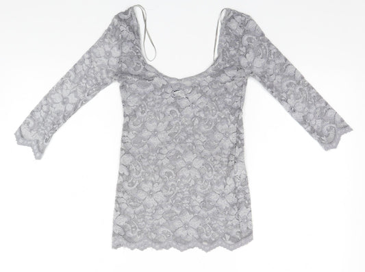 New Look Womens Silver  Nylon Basic T-Shirt Size 10 Round Neck
