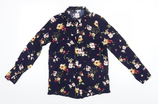 Bershka Womens Blue Floral Viscose Basic Button-Up Size S Collared