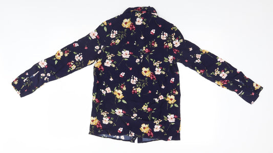 Bershka Womens Blue Floral Viscose Basic Button-Up Size S Collared