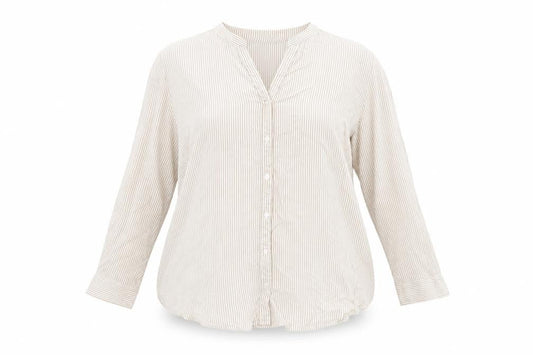 Front view of Atmosphere women’s green striped viscose basic button-up, size UK 20, collared