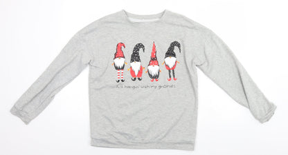 Preworn Womens Grey Round Neck  Cotton Pullover Jumper Size L   - Just Hanging with my Gnomies