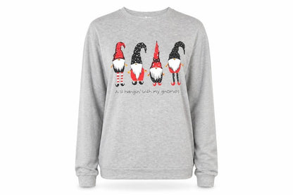 Front view of Preworn women’s grey round neck cotton jumper, size L, - just hanging with my gnomies