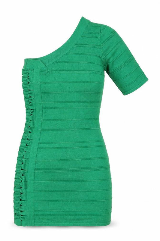 Front view of WOW Couture women’s gold rayon mini, size M, one shoulder