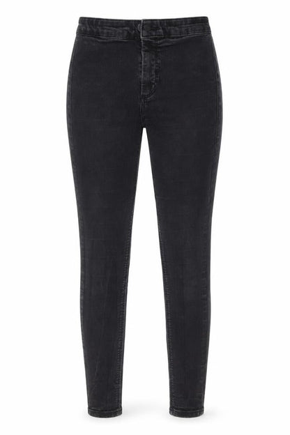 Front view of Topshop women’s black cotton skinny jeans, size UK 28, 32-inch leg regular