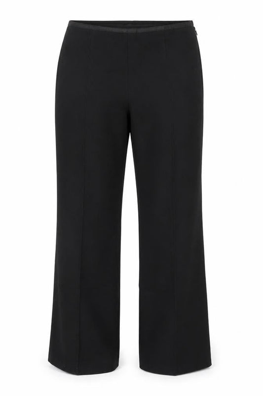 Front view of Marks & Spencer women’s black polyester trousers, size UK 14, 28-inch leg regular
