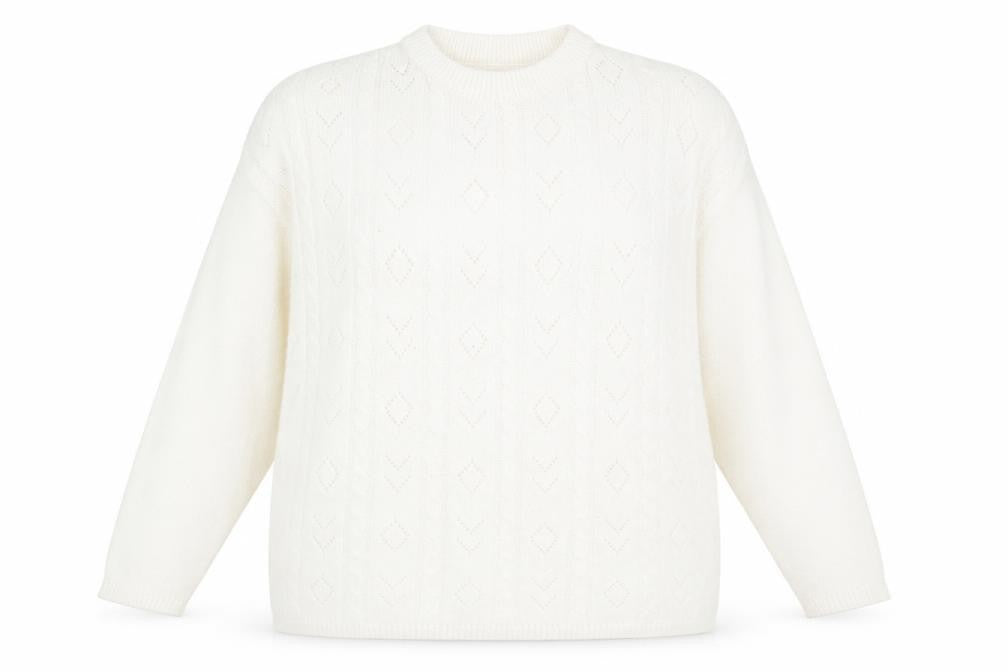 Front view of PROVENCALE women’s white striped acrylic pullover sweatshirt, size UK 16