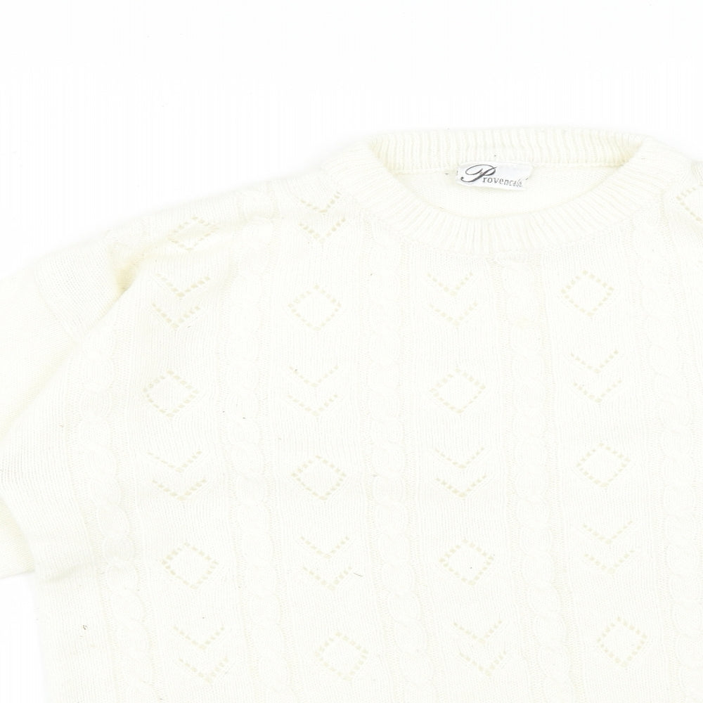 Close-up detail of PROVENCALE women’s white striped acrylic pullover sweatshirt, size UK 16