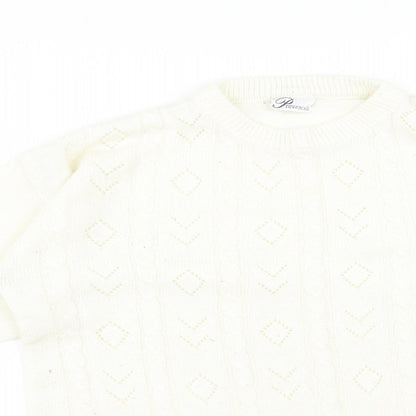 Close-up detail of PROVENCALE women’s white striped acrylic pullover sweatshirt, size UK 16