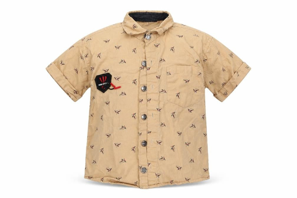 Front view of TITANIC boys’ beige floral basic button-up, size 4, years collared