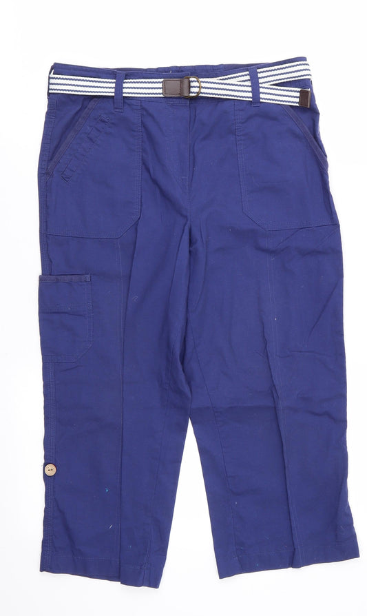 Authentic Womens Blue  Cotton Cropped Trousers Size 8 L20.5 in Regular  - Back Elastication Adjustable Length Leg