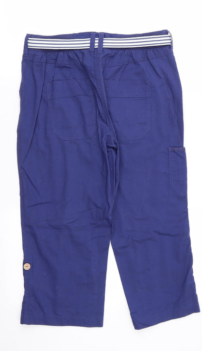 Authentic Womens Blue  Cotton Cropped Trousers Size 8 L20.5 in Regular  - Back Elastication Adjustable Length Leg