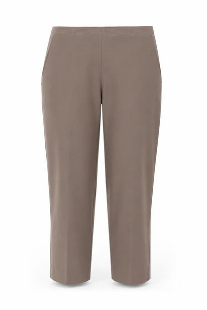 Front view of Preworn women’s brown polyester trousers, size UK 38, in, 25-inch leg regular