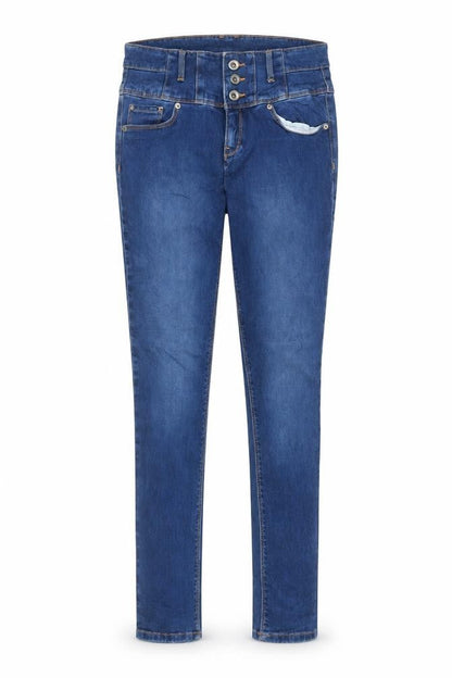 Front view of women’s blue cotton skinny jeans, size UK 8, 30-inch leg regular