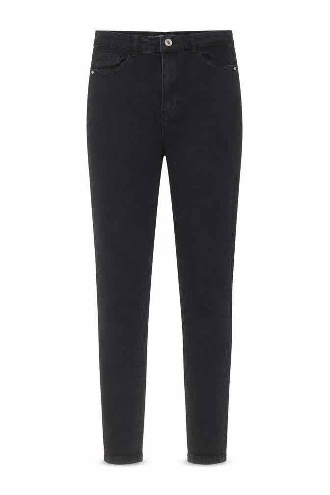 Front view of women’s black cotton skinny jeans, size UK 10, 27-inch leg regular