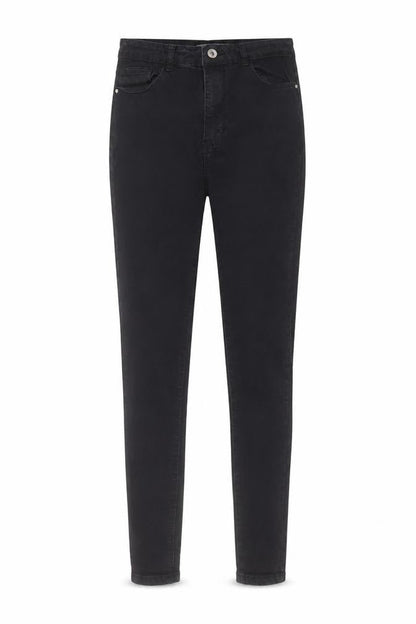 Front view of women’s black cotton skinny jeans, size UK 10, 27-inch leg regular