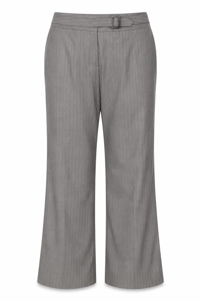 Front view of Marks & Spencer women’s grey striped polyester trousers, size UK 18, 32-inch leg regular