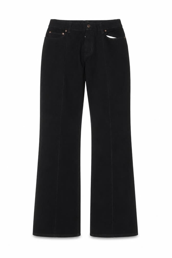 Front view of women’s black cotton straight jeans, size UK 32, in, 29-inch leg regular
