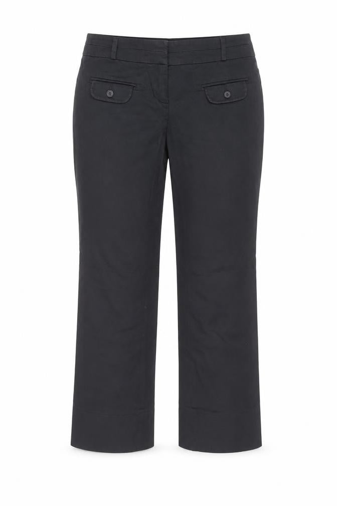 Front view of Marks & Spencer women’s blue cotton trousers, size UK 12, 24-inch leg regular