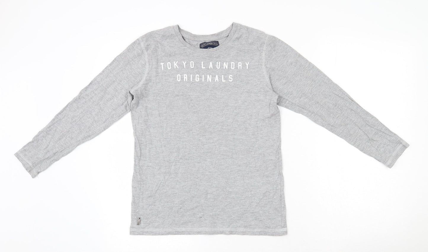 Tokyo Laundry Co Boys Grey  Cotton Basic T-Shirt Size 11-12 Years Round Neck Pullover - Badge Detail