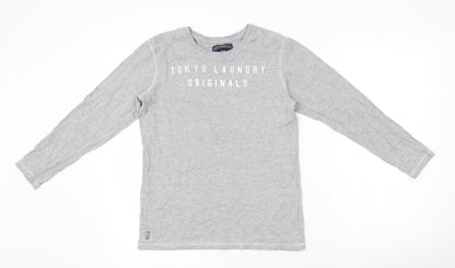 Tokyo Laundry Co Boys Grey  Cotton Basic T-Shirt Size 11-12 Years Round Neck Pullover - Badge Detail