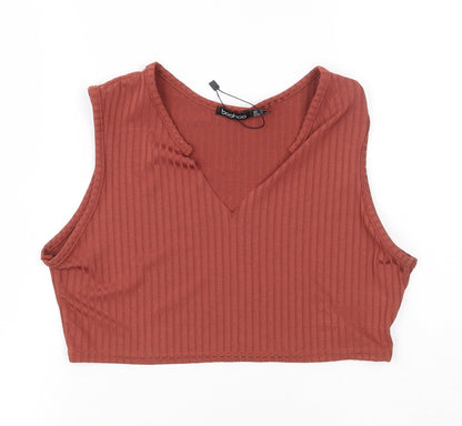 Boohoo Womens Red Striped Polyester Cropped T-Shirt Size 12 V-Neck