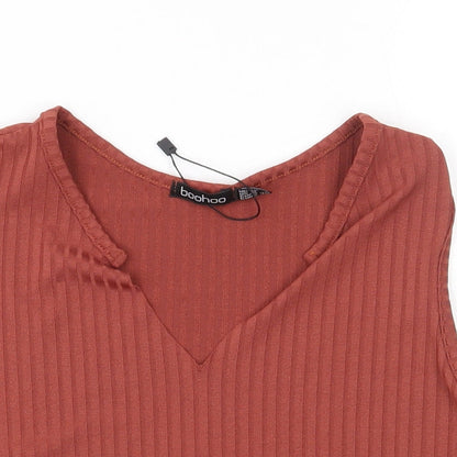 Boohoo Womens Red Striped Polyester Cropped T-Shirt Size 12 V-Neck
