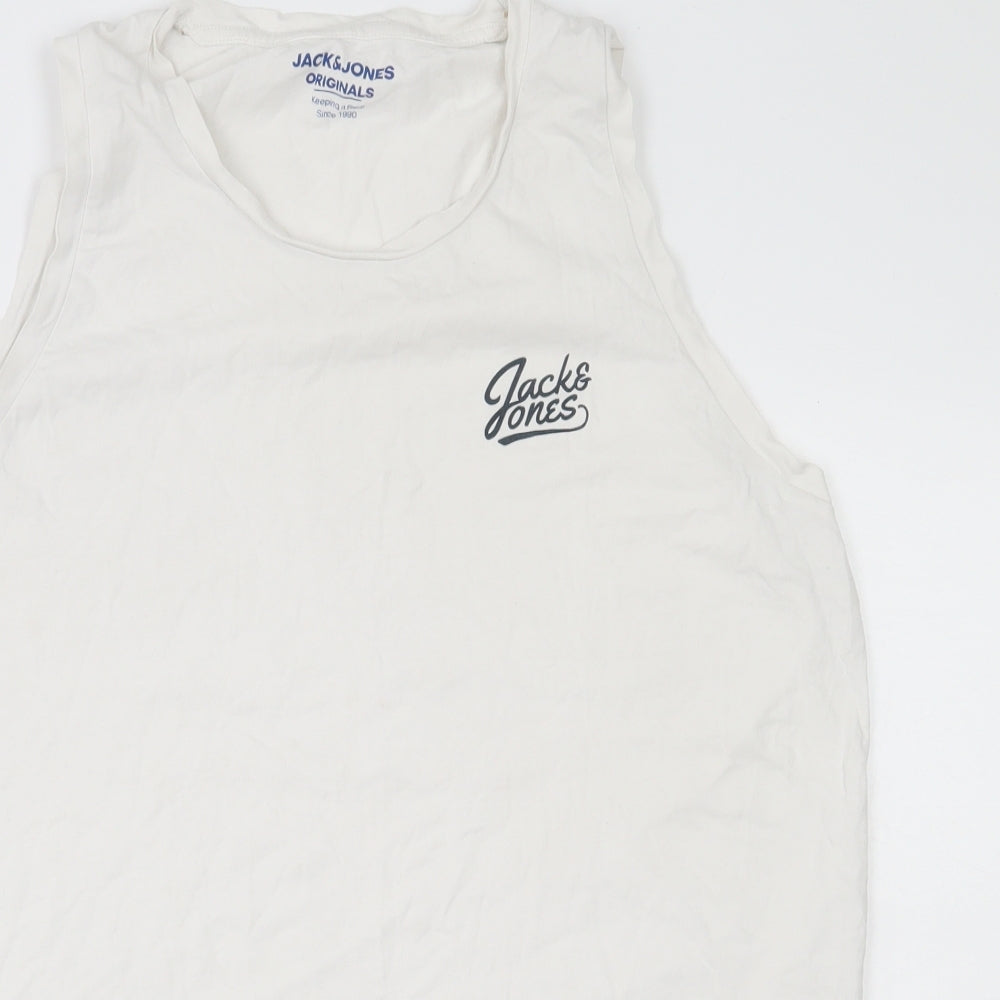 Jacks & Jones Mens White  Cotton  T-Shirt  Round Neck  - Tank