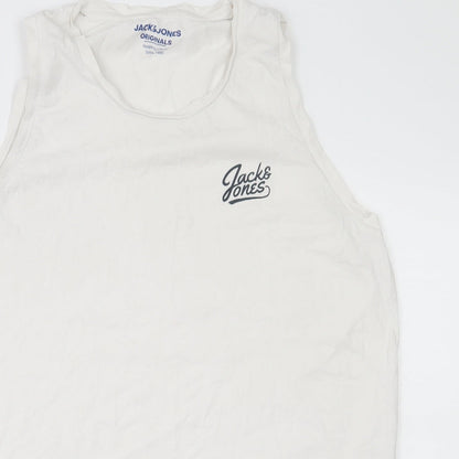 Jacks & Jones Mens White  Cotton  T-Shirt  Round Neck  - Tank