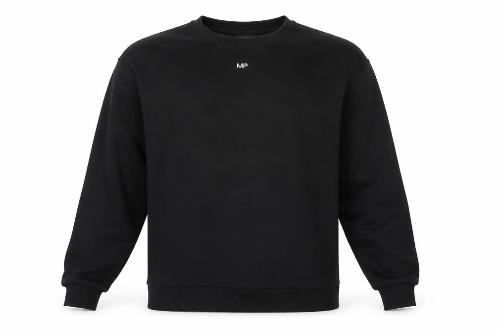 Front view of Myprotein men’s black round neck cotton jumper, size 2XL