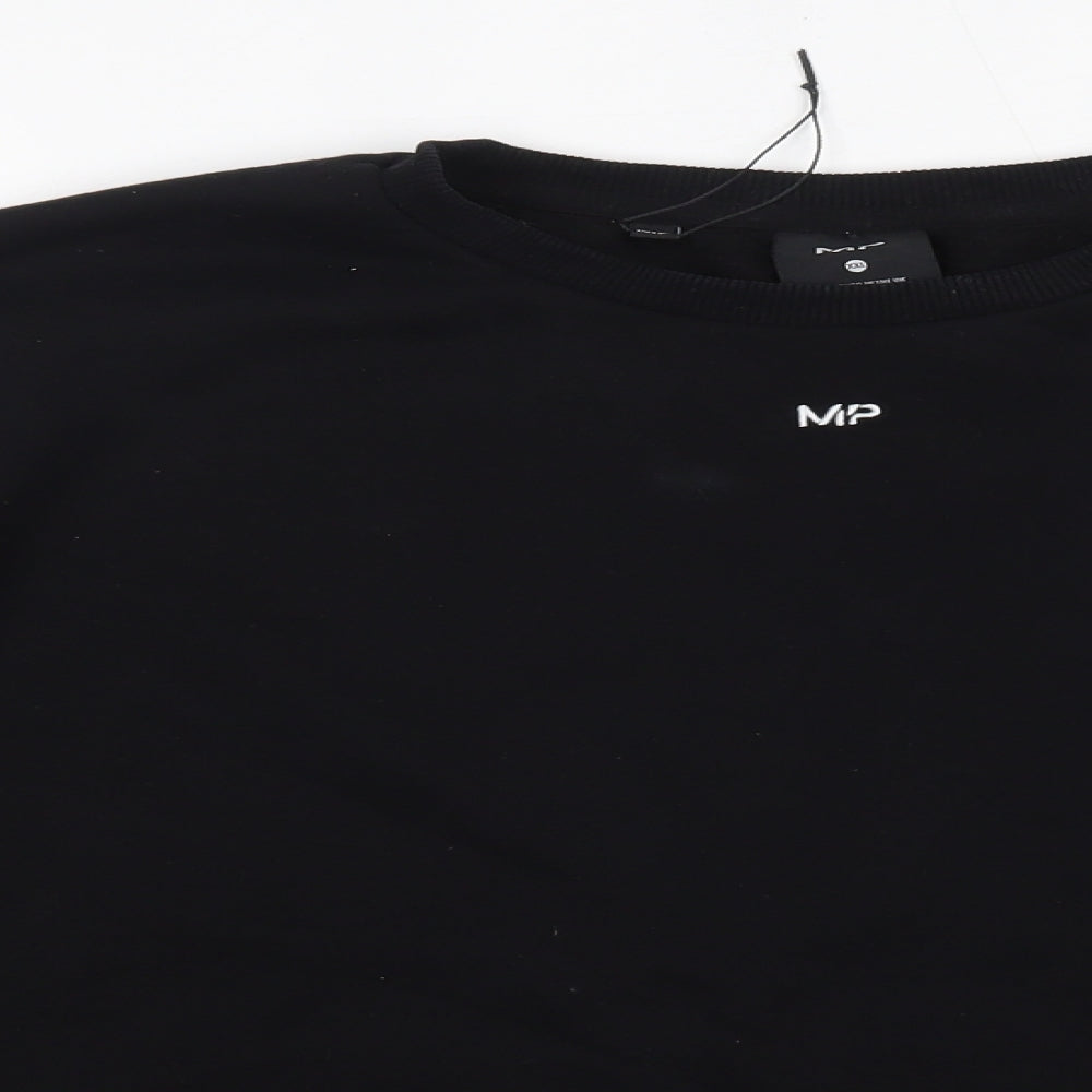 Close-up detail of Myprotein men’s black round neck cotton jumper, size 2XL