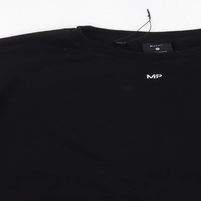 Close-up detail of Myprotein men’s black round neck cotton jumper, size 2XL