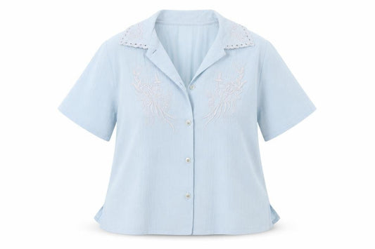 Front view of Anne Smith women’s blue polyester basic button-up, size UK 14, collared