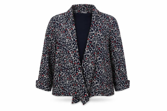 Front view of Marks & Spencer women’s blue v-neck floral viscose cardigan jumper, size UK 18