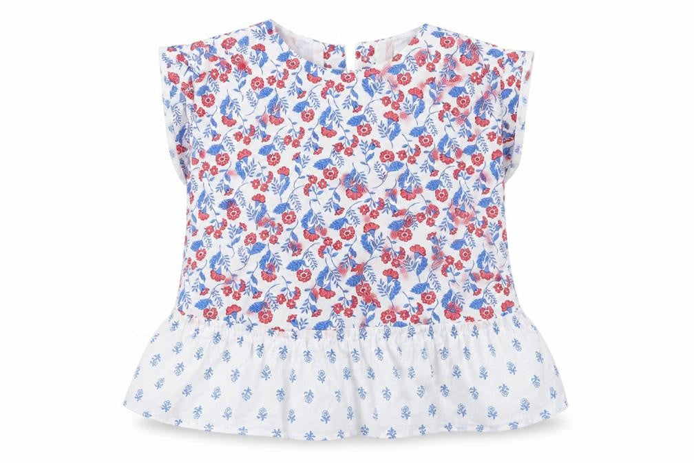 Front view of Gap girls’ multicoloured floral 100% cotton basic blouse, size 5, years round neck