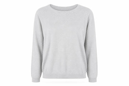 Front view of Vero Moda women’s grey round neck cotton jumper, size XL, - fine open knit pale grey