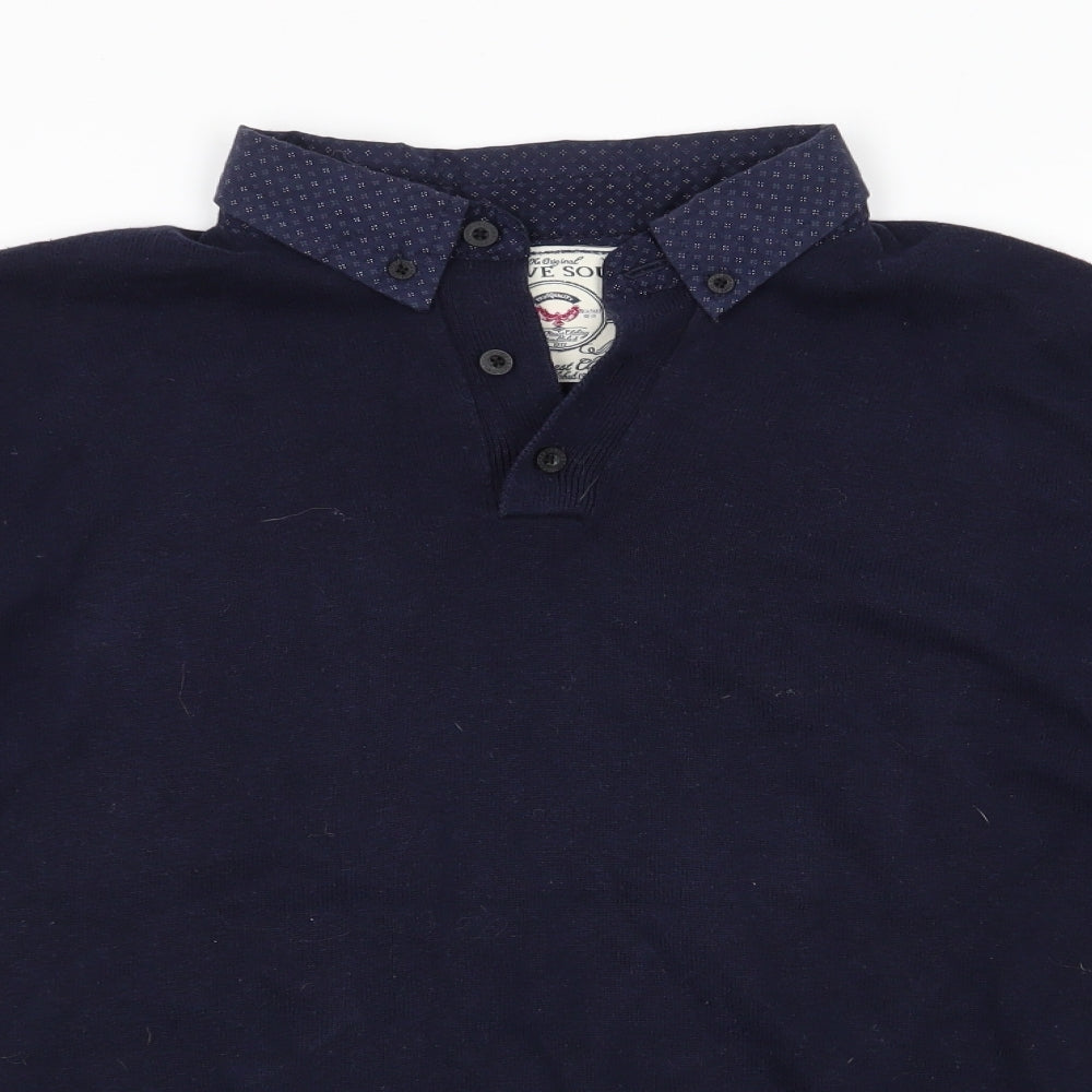 Brave Soul Mens Blue Collared  Cotton Pullover Jumper Size S   - Faux Shirt Collar Buttoned