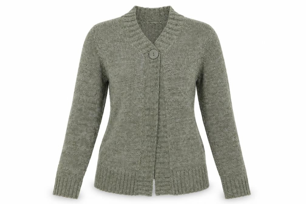 Front view of Bonmarché women’s green v-neck acrylic cardigan jumper, size S, - oliver green flecked