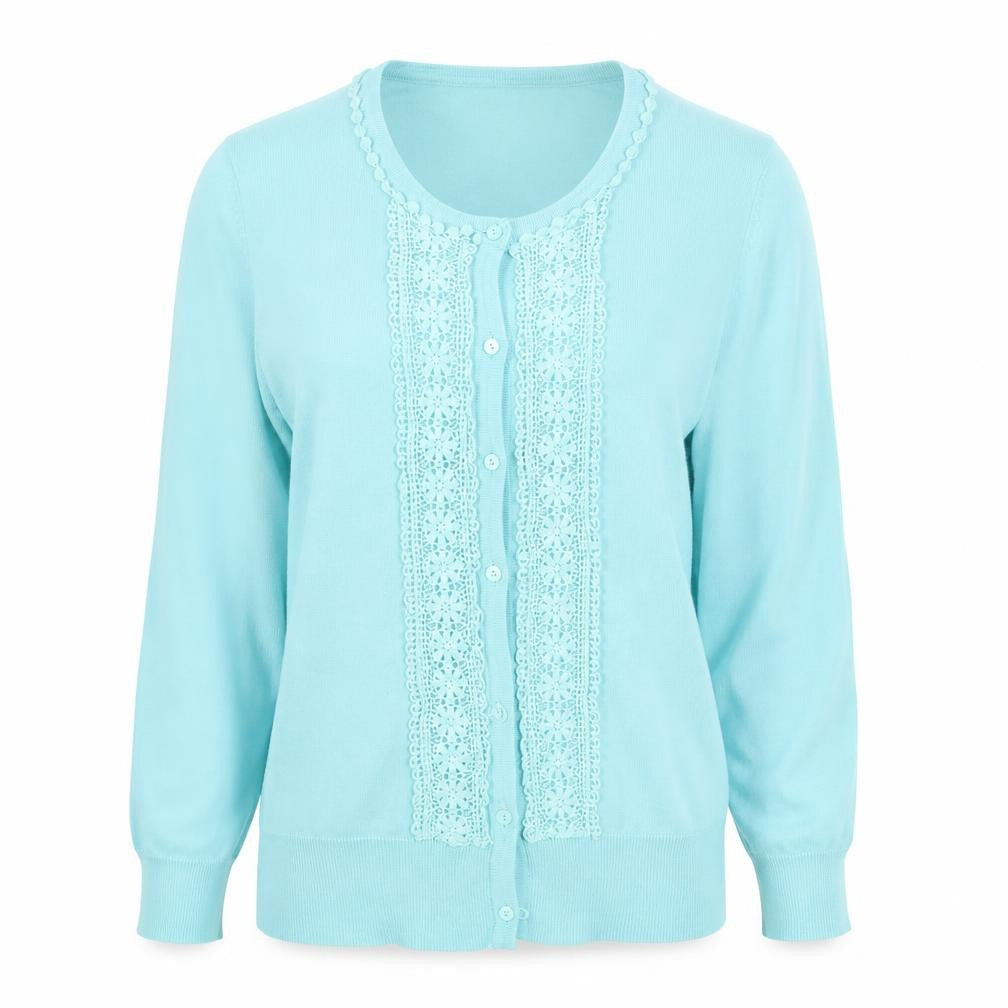 Front view of Sky Designs women’s green round neck viscose cardigan jumper, size M