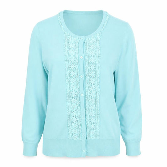 Front view of Sky Designs women’s green round neck viscose cardigan jumper, size M