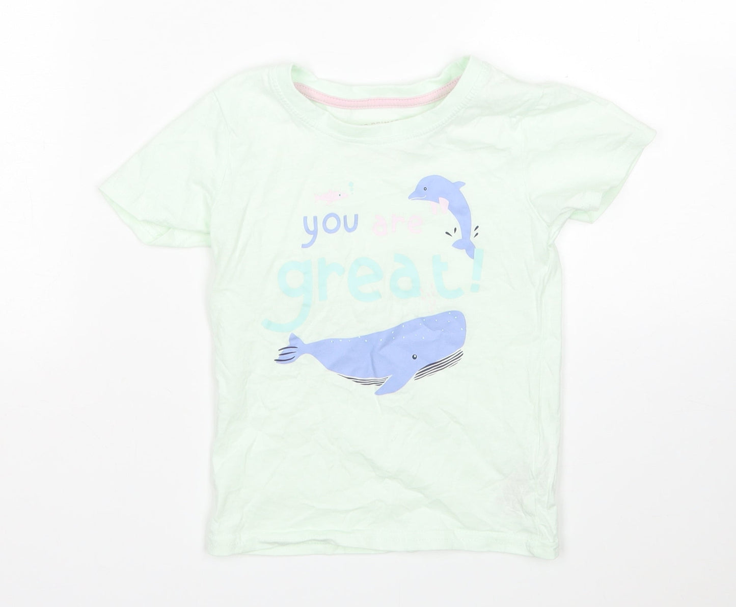 Primark Girls Green  Cotton Basic T-Shirt Size 2-3 Years Round Neck