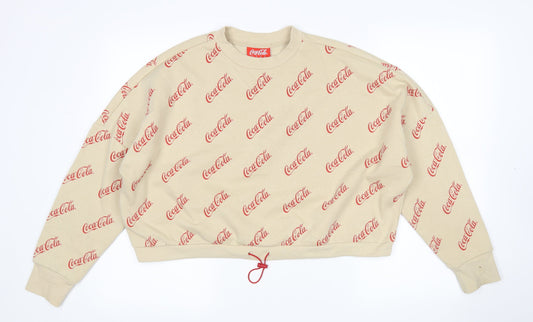 Front view of Primark women’s beige polyester pullover, size S, round neck - coca cola