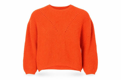 Front view of Peacocks women’s orange acrylic pullover sweatshirt, size L