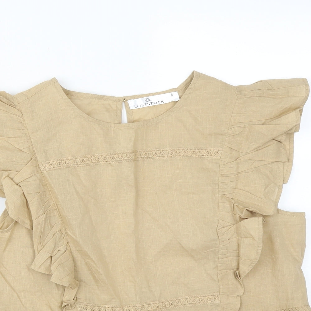 Womens UK Size S LOST STOCK Brown Basic T-Shirt
