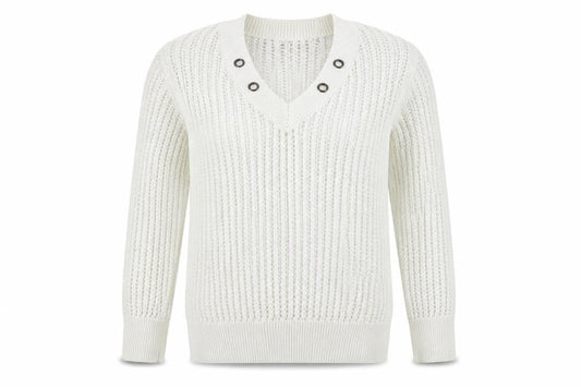 Front view of Papaya women’s white v-neck polyester jumper, size M