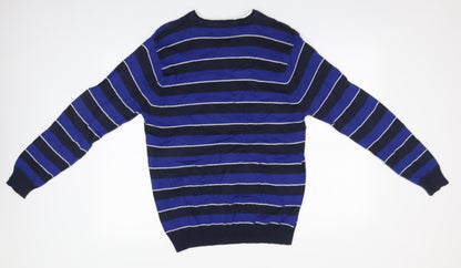 Cedar Wood State Mens Blue Round Neck Striped Cotton Pullover Jumper Size M