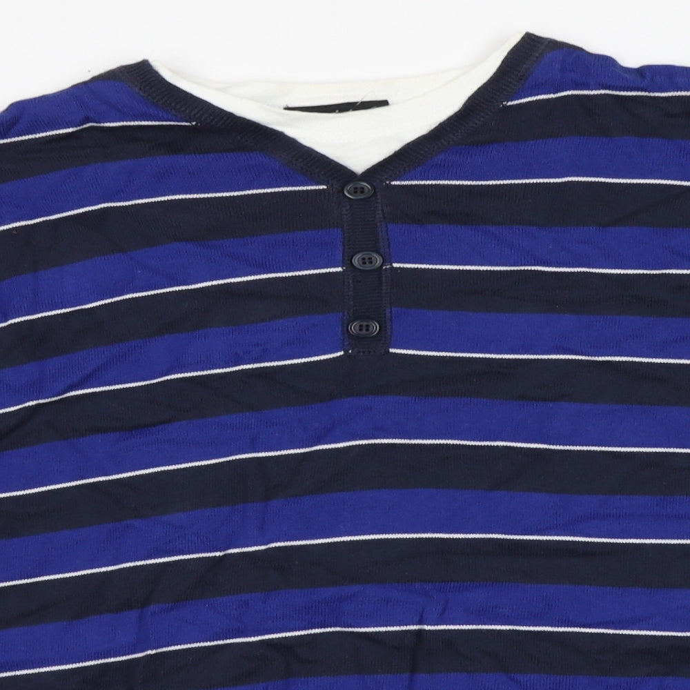 Cedar Wood State Mens Blue Round Neck Striped Cotton Pullover Jumper Size M