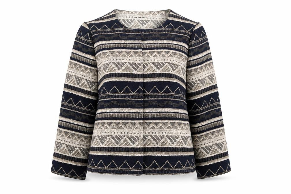 Front view of Bonmarché women’s blue round neck geometric polyester cardigan jumper, size UK 14