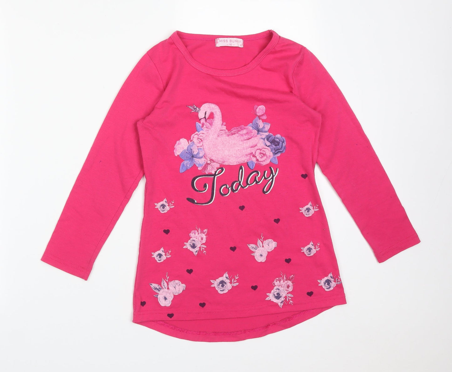 MISS BUNNY Girls Pink Floral  Basic T-Shirt Size 10 Years Round Neck  - SWAN  TODAY